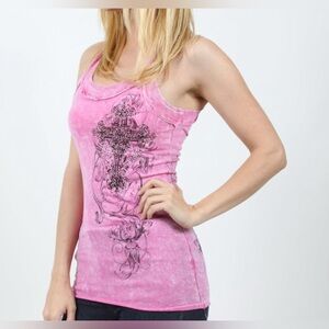 Vocal Vintage Ribbed Pink Embellishments Graphic Grunge Tank Top L